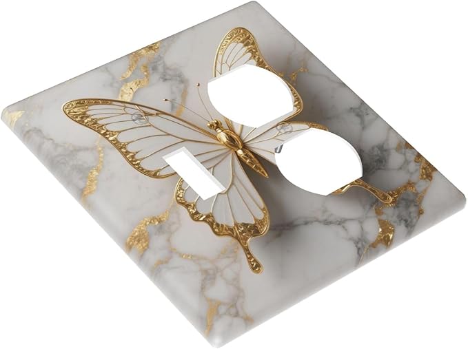 Gold Marble Shine Butterfly Abstract Modern Print Wallplates 1 Toggle 1 Duplex Switch Plate Electrical GFCI Faceplate Decorative Light Switch Covers for Bed Room Bathroom Decor