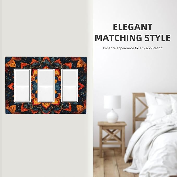 Colorful Oriental Floral Blooming Mandala Flower Triple Rocker Outlet Covers Decorative 3 Gang Wall Plate Gfci Light Switch Covers Electrical Receptacle Switchplate Plug Faceplate Bathroom