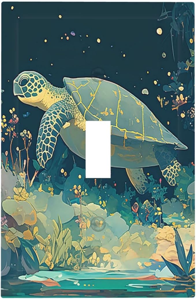 Decorative Light Switch Cover Fantasy Sea World Sea Turtle Floral Plant 1 Gang Single Toggle Device Electrical Faceplate Switchplates Decorator Outlet Wall Plate for Kids Room Nursery Decor