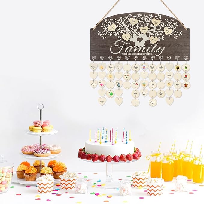 CHDITB Personalized Family Tree Birthday Reminder Board(16"x8"), Wooden Family Birthday Tracker Wall Hanging with 100 Tags, DIY Birthday Gifts for Mother Grandma Friends Family