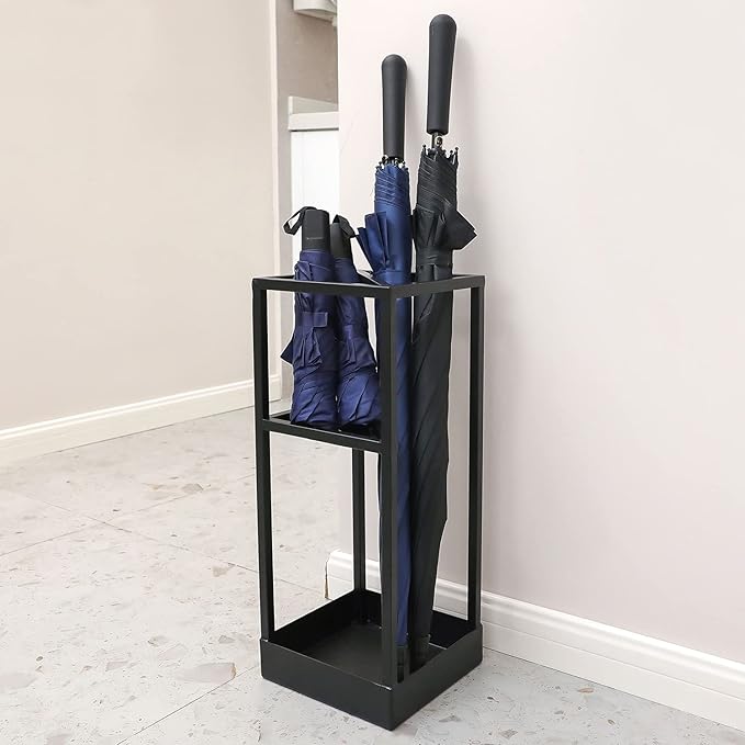 MyGift Umbrella Stand,Umbrella Holder for Entryway,20 Inch Tall Modern Metal Geometric Freestanding Umbrella Rack or Cane Holder with Shelf for Small Umbrellas and Bottom Drip Tray (Black)