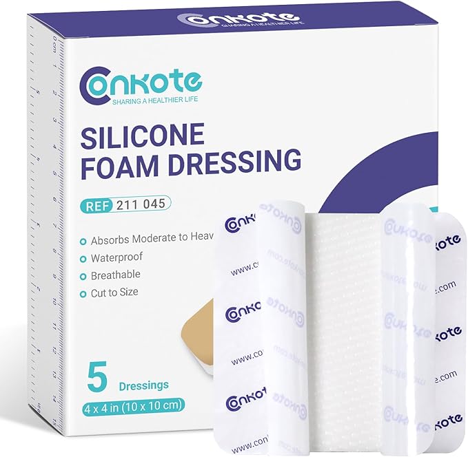 Conkote Silicone Adhesive Foam Dressing Without Border for 5 Pack, 4"x4" Highly Absorbent Wound Dressings for Post-Operative, Pressure Ulcers, Diabetic Foot Ulcers, Venous Leg Ulcers