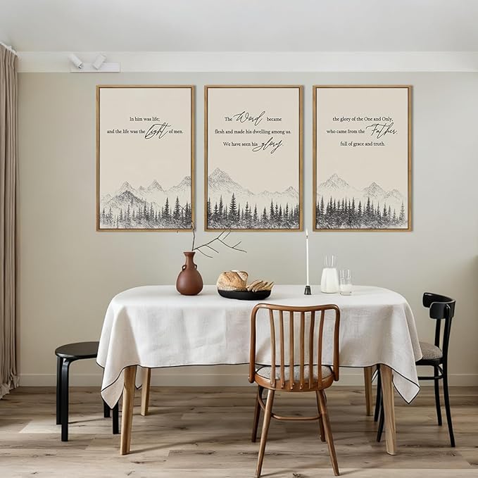 IARTTOP Large Christian Framed Wall Art 16x24 Inch Neutral Mountain Forest Canvas Wall Decor Jesus Bible Verse Catholic Biblical Scripture Prints for Prayer room Living room Set of 3