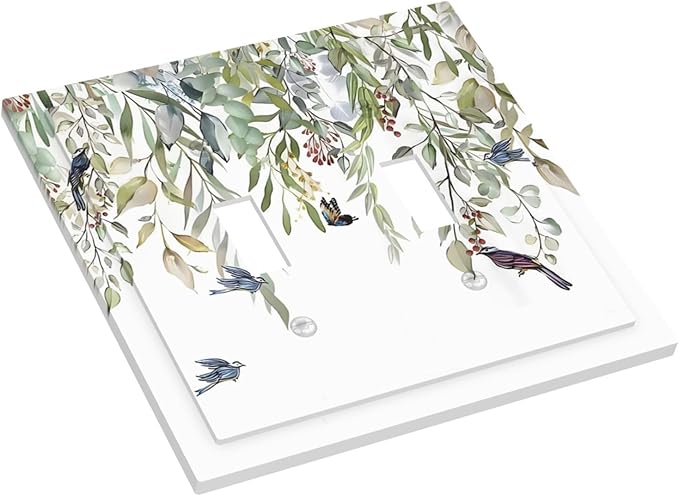 Green Leaf Eucalyptus Leaves Floral Bird Butterfly Decorative Switch Plates 2 Gang Double Toggle Outlet Light Switch Cover Wall Plate Electrical Faceplate for Bed Room Living Room Decor
