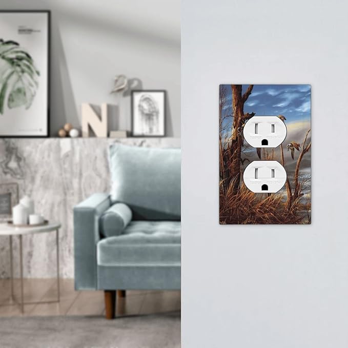 Outlet Covers Hunting Flying Wild Ducks 1 Gang Duplex Light Switch Cover Plate Fall Lakeside Reed Wildlife Animal Mallard Decorative Wall Plate Electrical Receptacle Switchplate for Bathroom
