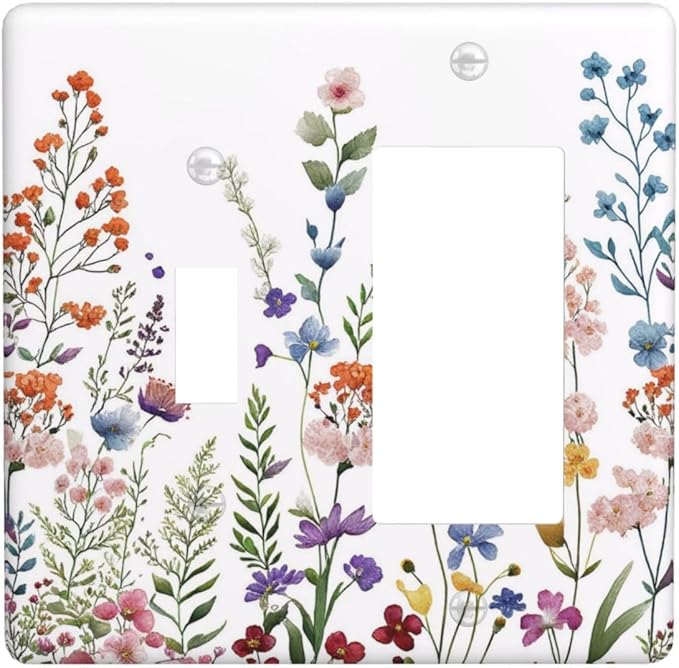 Rustic Wild Floral Vintage Colorful Flowers 2 Gang Combination Light Switch Covers Decorative Toggle Rocker/Decora Wall Plate Electrical Receptacle Switchplate Dimmer Faceplate for Bathroom