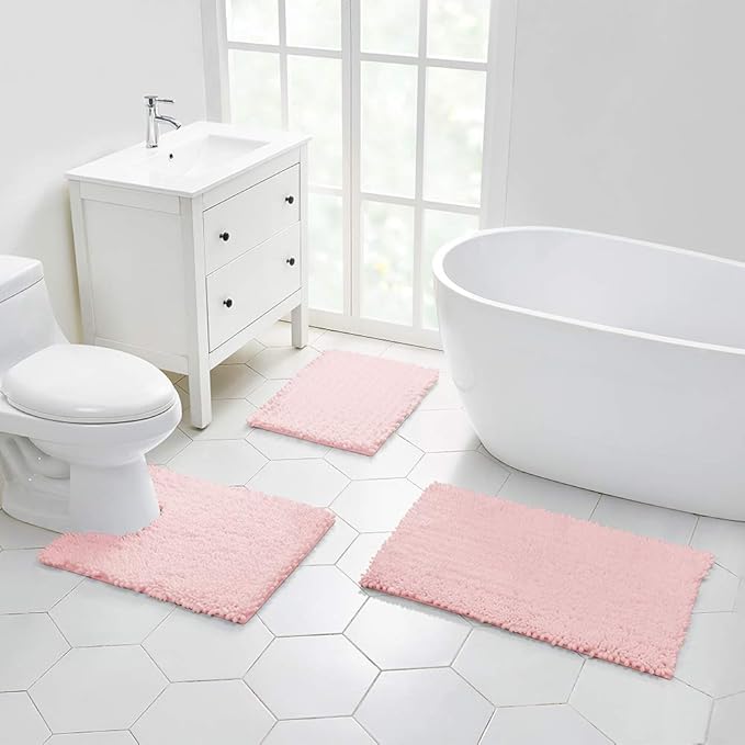 Walensee Bathroom Rug Non Slip Bath Mat (44x24 Inch Blush) Water Absorbent Super Soft Shaggy Chenille Machine Washable Dry Extra Thick Perfect Absorbant Best Large Plush Carpet for Shower Floor