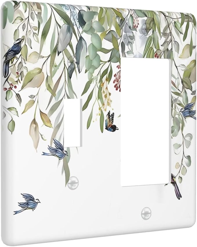 Green Leaf Eucalyptus Leaves Floral Bird Butterfly Outlet Covers 1 Toggle 1 Rocker Combination Decorative Wall Plate Electrical Switch Plates Light Switch Cover Plate for Bed Room Living Room Decor