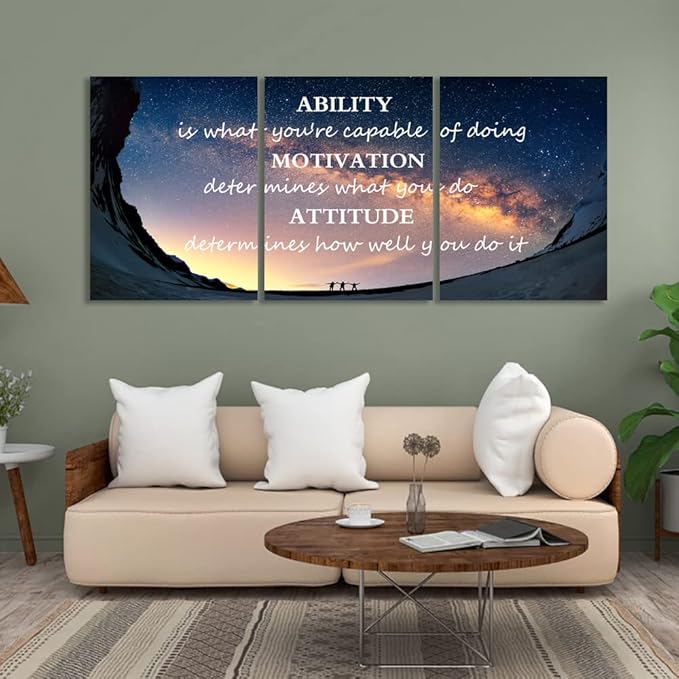 Unbruvo Motivational Inspirational Canvas Wall Art, 3 Pieces Positive Quotes Office Decor, Ability Motivation Attitude Artwork for Living Room Bedroom Workplace(48" Wx24 H)