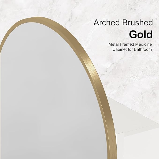 Recessed Medicine Cabinet for Bathroom,Brushed Gold Arched Medicine Cabinet with Mirror,Arch Mirrored Medicine Cabinets Recessed,Bathroom Mirror with Storage,Open from Left to Right 16x26