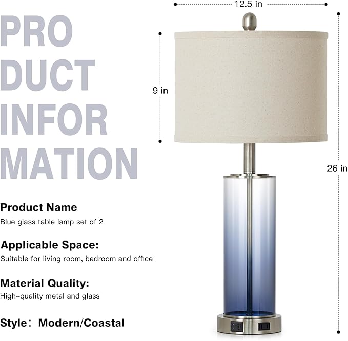 26 Inch Blue Glass Lamp Single, 3-Way Dimmable Touch Control Coastal Bedroom Table Lamp with USB C+A Ports & AC Outlet, Bed Side Lamps for Nightstand, Living Room Lamps for Side Table Office