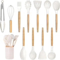 12-Piece Silicone Kitchen Utensil Set with Wooden Handles – Heat Resistant Cooking Tools – Spatula, Spoon, Tongs, Whisk & Holder – Nonstick Cookware Safe – White, Gray, Black (White)