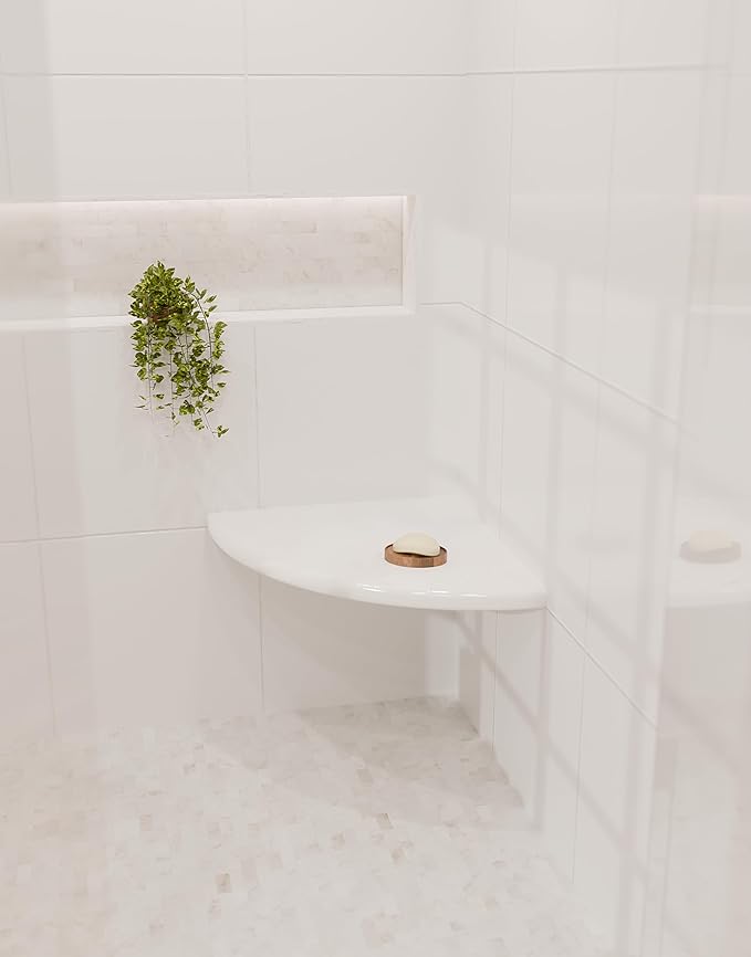 18" Super White Engineered Marble Corner Shower Seat – Floating or Solid Mount Bathroom Bench, Wall Mounted Shelf & Caddy for Showers, Classic Flatback Design