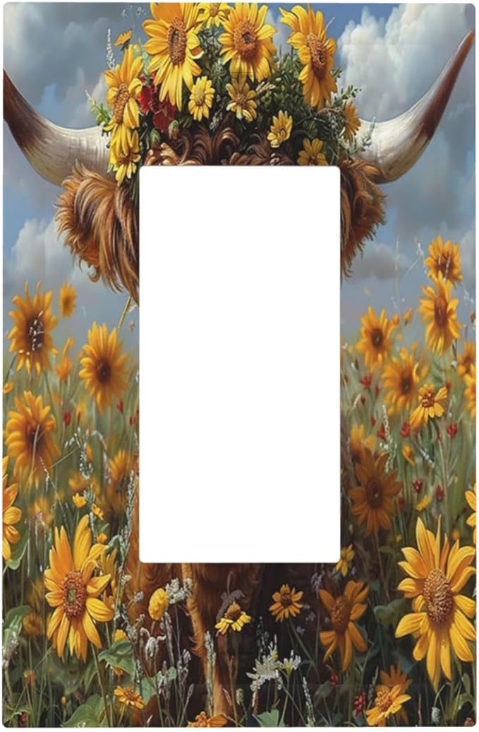 Decorative Outlet Covers Vintage Sunflower Highland Cow Rustic Art 1 Gang Single Rocker Light Switch Cover Plate Wall Plates GFCI Faceplate for Bedroom Farmhouse Decor
