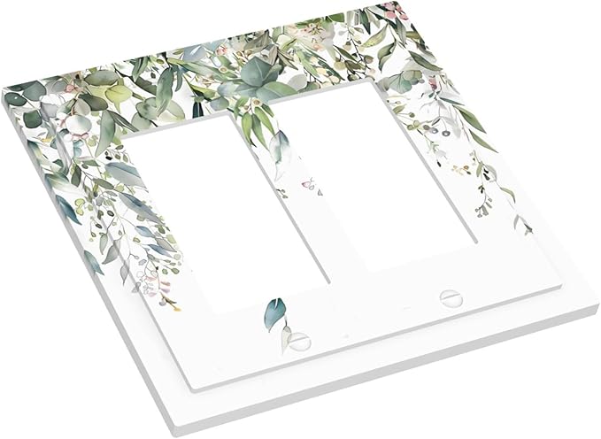 Sage Green Watercolor Eucalyptus Leaves Floral Flowers Decorative Outlet Covers 2 Gang Double GFCI Rocker Electrical Wall Panels Light Switch Cover Plate for Farmhouse Bed Room Decor