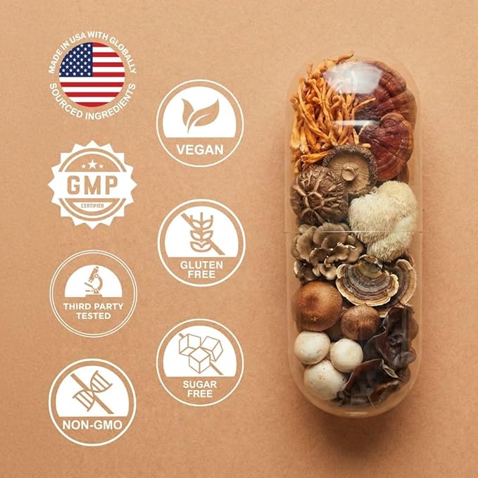 Vital 10-in-1 Mushroom Supplement Complex – High Potency Lion’s Mane, Cordyceps, Reishi & Turkey Tail Capsules – Nootropic Brain Support for Memory, Focus & Energy – 30 Day Supply