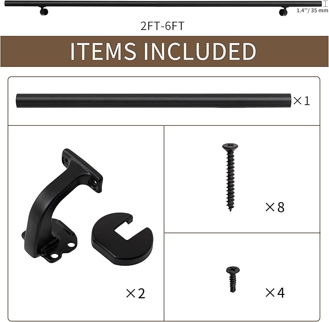 Handrails for Indoor Stairs,Deck,Slope,Modern Aluminum Handrail Set, Wall Mounted, with Zink-Alloy Brackets Aluminium Railing System,Rust Free. (Matte Black, 2 FT)