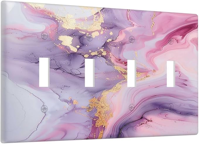 Light Switch Covers Pink Marble Abstract Purple Gold Texture Quad Toggle Electrical Faceplate 4 Gang Wall Plate Decorative Switch Plates for Bathroom living Room Decor