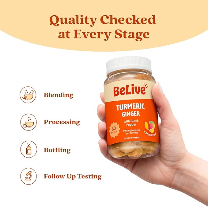 BeLive Turmeric Curcumin with Black Pepper & Ginger - 500 mg of Turmeric and Ginger Supplement for Immune Support, Healthy Skin, and Mobility - Tropical Flavor | 60 Count