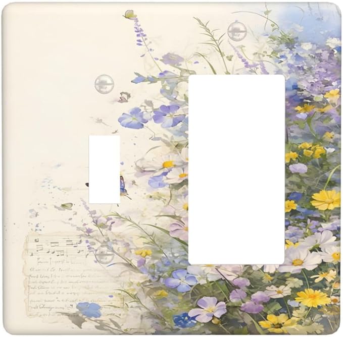 Decorative Outlet Covers Purple Flower Butterfly Yellow Daisy 2-Gang Combo Light Switch Cover Plate Single Toggle/Rocker Wall Plate Plug Switch Plate Covers for Bathroom Decor