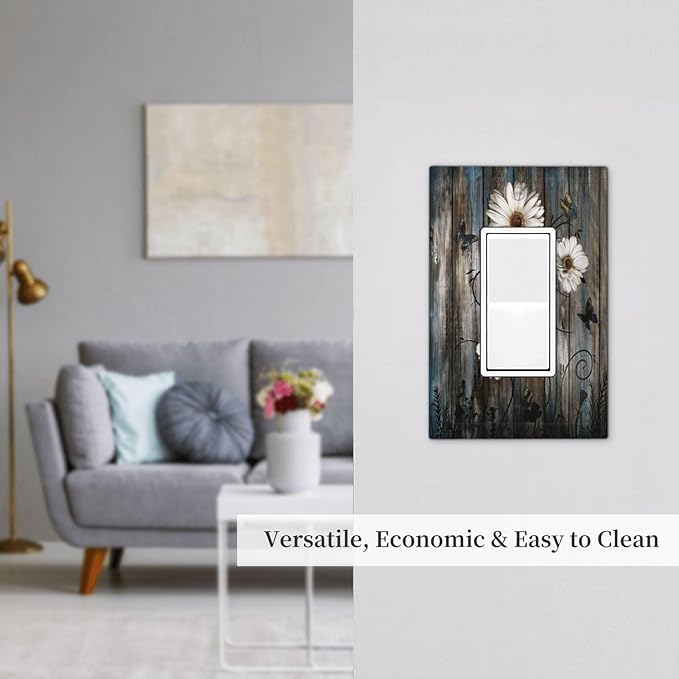 Rustic Wood Background Floral Butterfly Daisy Decorative Outlet Covers 1 Gang Single Rocker Light Switch Cover Plate Wall Plates GFCI Faceplate for Farmhouse Bedroom Decor