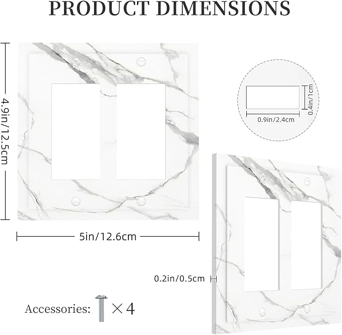 White Marble Abstract Luxurious Print Decorative Outlet Covers 2 Gang Double GFCI Rocker Electrical Wall Panels Light Switch Cover Plate for Bathroom Kitchen Home Decor