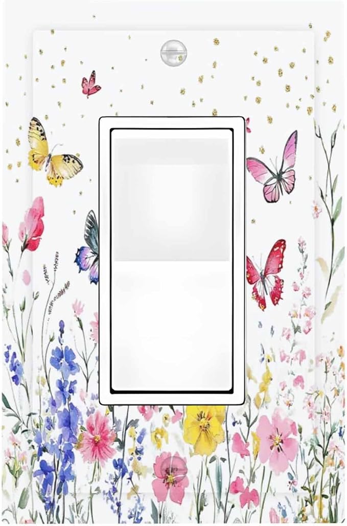 Decorative Outlet Covers Watercolor Floral Butterfly Colorful Wildflower 1 Gang Single Rocker Light Switch Cover Plate Wall Plates Gfci Faceplate For Bed Room Living Room Decor