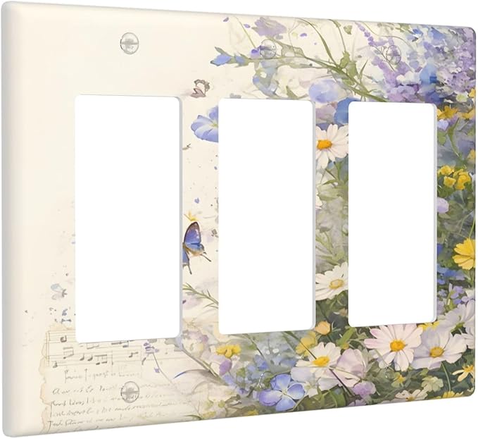 Decorative Outlet Covers Purple Flower Butterfly Yellow Daisy 3 Gang Gfci Wall Plate Triple Rocker Light Switch Cover Plate Switch Plate Covers for Bathroom Decor