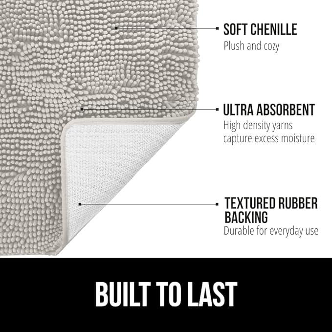 GORILLA GRIP Bath Rug Mat, Thick Soft Absorbent Chenille, Quick Dry Microfiber Mats, Rubber Backing Washable Shower Floor Rugs, US Designed Bathroom Bathmat Home Decor Accessories, 24x17 Light Gray