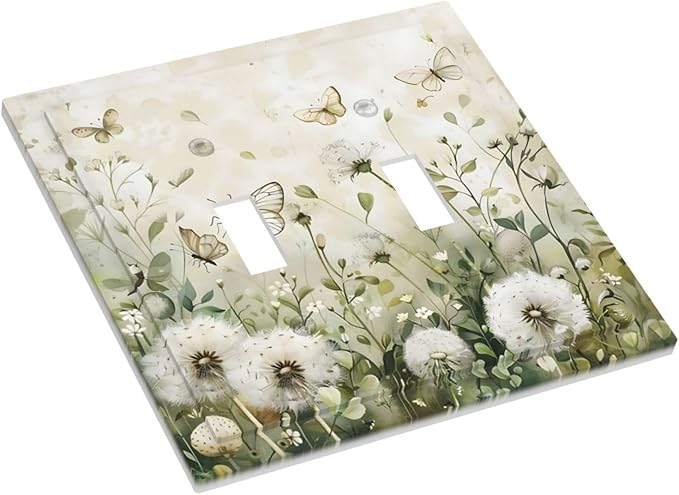 Dandelions Butterflies Watercolor Wildflowers Floral Decorative Switch Plates 2 Gang Double Toggle Outlet Light Switch Cover Wall Plate Electrical Faceplate for Bedroom Living Room Decor