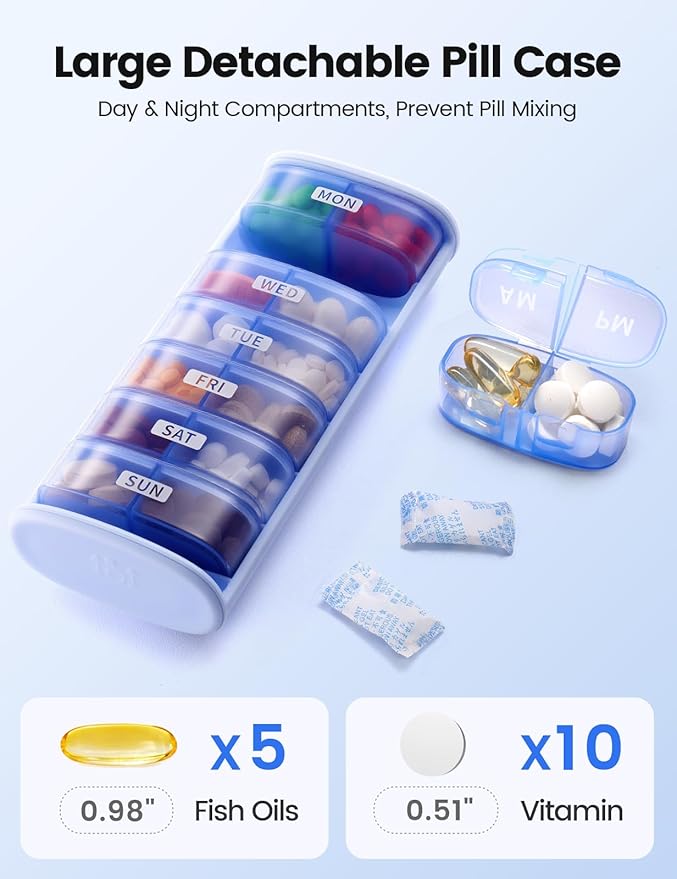 Vaydeer Large Weekly Pill Organizer 2 Times a Day,Metal 7 Day Travel Pill Box with Double Protection,AM PM Pill Case for for Medication, Vitamins, Fish Oils, Supplements(Black)