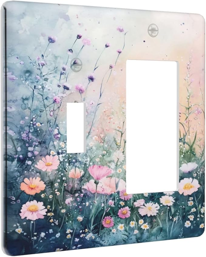 Decorative Outlet Covers Pink Floral Wildflower Green Plants 2-Gang Combo Light Switch Cover Plate Single Toggle/Rocker Wall Plate Plug Switch Plate Covers for Bathroom Decor