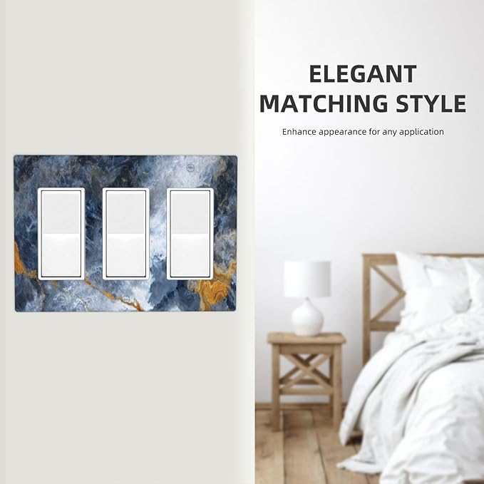 Decorative Outlet Covers Gold Dark Blue Gilt Haze Marble 3 Gang Gfci Wall Plate Triple Rocker Light Switch Cover Plate Switch Plate Covers for Bathroom Decor