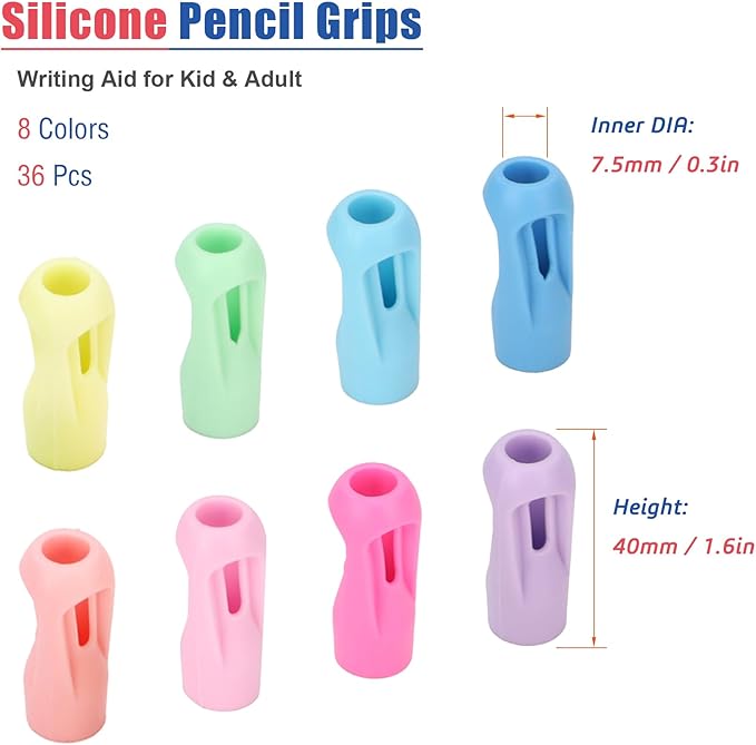 Ergonomic Pencil Grips 36 Packs with 8 Colors, Hollow Trigonal Pencil Holders for Kids Handwriting, Toddler Silicone Pencil Cushion Grippers, Gel Pen Grips for Adults Writing Aid