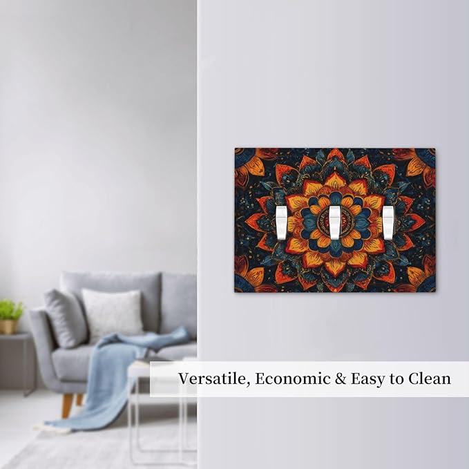 Colorful Oriental Floral Blooming Mandala Flower Triple Toggle Light Switch Covers Decorative 3 Gang Wall Plate Covers 3 Hole Electrical Device Switchplate Dimmer Faceplate for Bathroom Decor