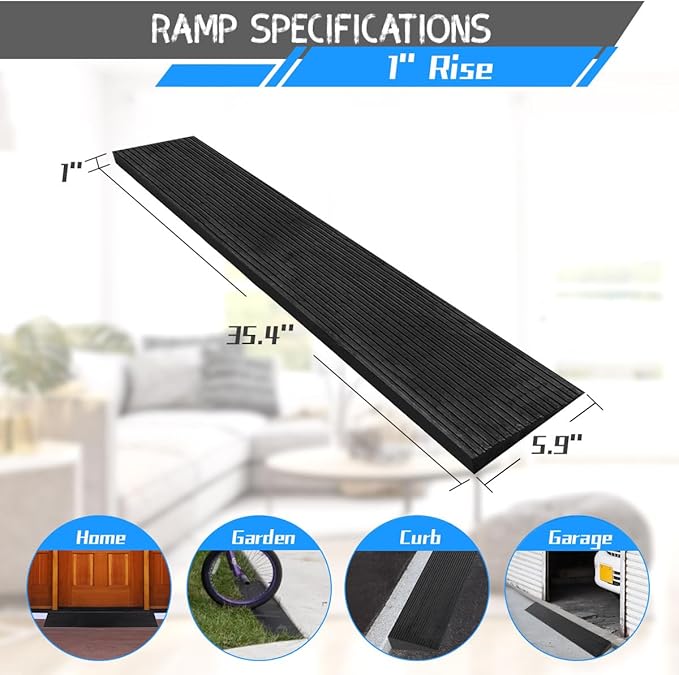 1" Rise Threshold Ramp for Doorways, 2204 LBS Capacity Rubber Threshold Ramp, Non-Slip Driveway Curb Ramps Handicap Ramp for Wheelchair Scooter Stroller, Cuttable and Adjustable Size