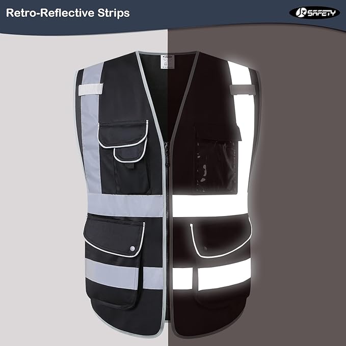 JKSafety 9 Multi-Functional Pockets Zipper Front Safety Vest With Reflective Strips Meet ANSI/ISEA Standards (150-Black, Large)