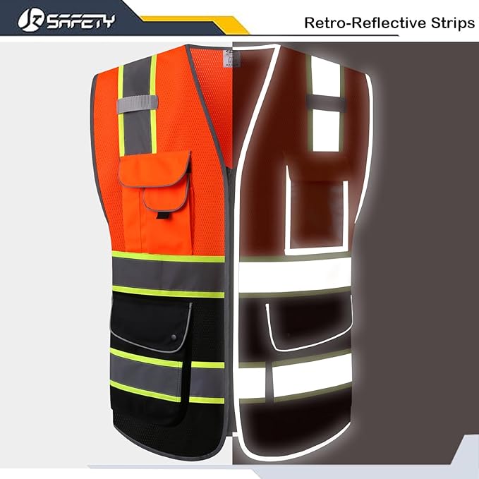 JKSafety 9 Pockets High Visibility Dual Color Zipper Front MESH Lite Safety Vest | Yellow Color Triming Reflective Strip | ANSI/ISEA Standards (100-Orange-Black, XXL)