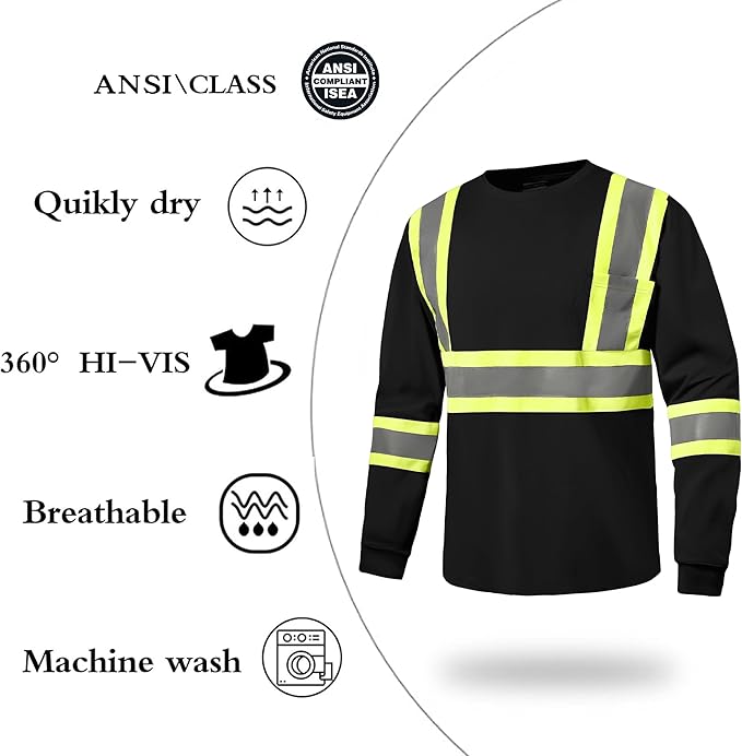 Hi Vis Safety Long Sleeve Shirts，High Visibility Class 3 T Shirts with Reflective Strips and Pocket, Quick Dry Mesh Construction Work Shirt for Men/Women (Black,M)