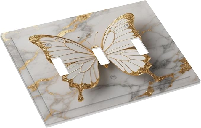 Gold Marble Shine Butterfly Abstract Modern Print Decorative Switch Plates 3 Gang Wall Plate Triple Toggle Light Switch Cover Faceplate Electrical Wall Panels for Bed Room Bathroom Decor