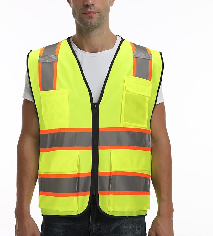 9 Pockets High visibility Class 2 Safety Vest，Hi Vis Vest with 2 inch wide Reflective Strips security vest with Zipper construction work vest for men &women Lime，XL