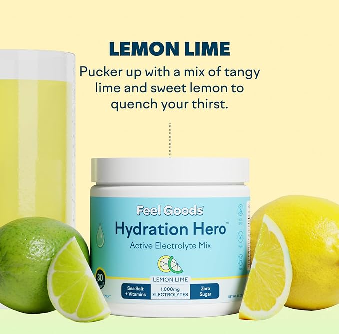 Feel Goods Hydration Hero, 1,000mg Electrolytes Powder, Sugar Free, Magnesium, Organic Aloe Vera, Organic Aloe, L Theanine, Vitamin C & B12, Non GMO, Keto, Vegan | Lemon Lime, 30 Servings