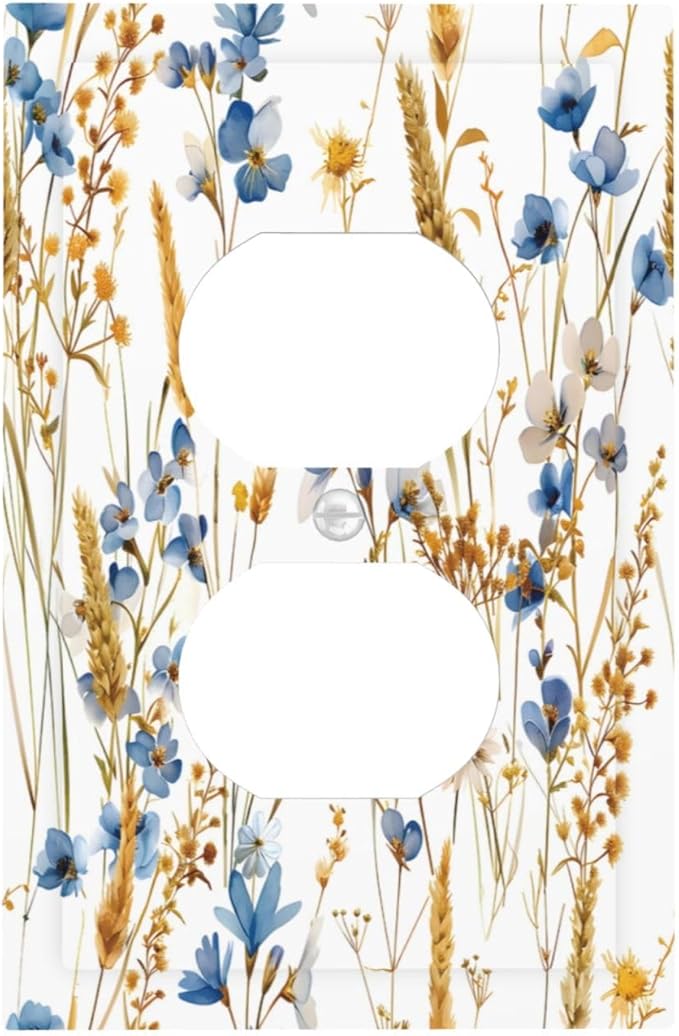 Vintage Wildflower Blue Gold Country Fall Wheat Floral Outlet Covers 1 Gang Duplex Light Switch Cover Decorative Switch Plates Electrical Receptacle Faceplate Wall Plate for Bedroom Living Room Decor