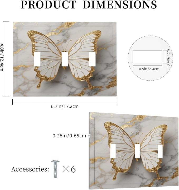 Gold Marble Shine Butterfly Abstract Modern Print Decorative Switch Plates 3 Gang Wall Plate Triple Toggle Light Switch Cover Faceplate Electrical Wall Panels for Bed Room Bathroom Decor