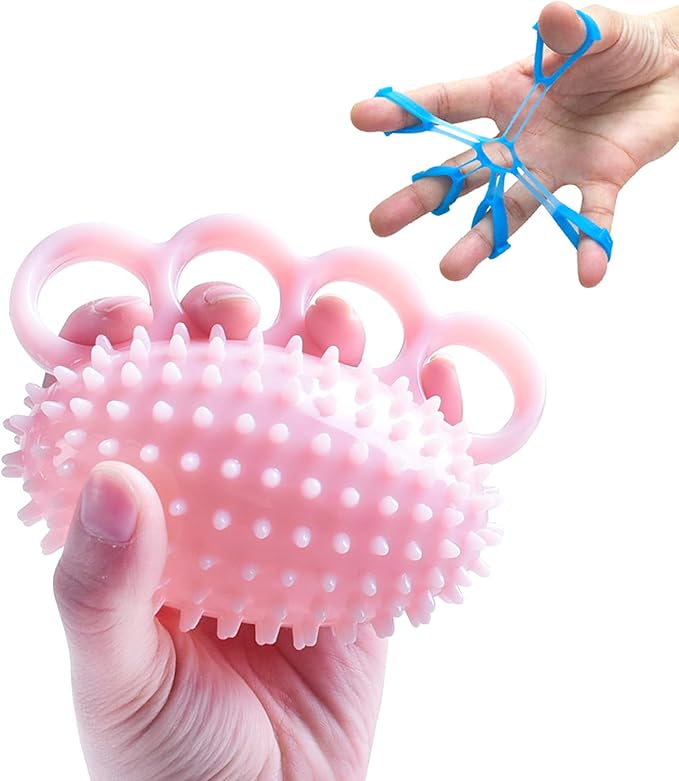 Hand Exerciser Ball and Finger Stretcher, Hand Grip Strengthener Trainer, Squeeze Balls, Wrist Pain Relief (Pink)
