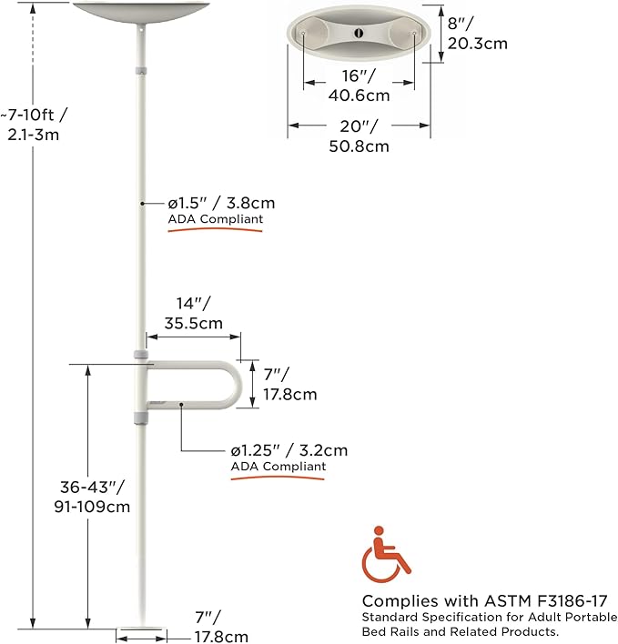 HEALTHCRAFT uPole with Pivot Bar (7-10 Feet) Transfer Pole for Seniors, Floor to Ceiling Grab Bar Tension-Mounted, Toilet Safety Grab Handle for Elderly, Bedroom Support Rail (300 Lb. Capacity)