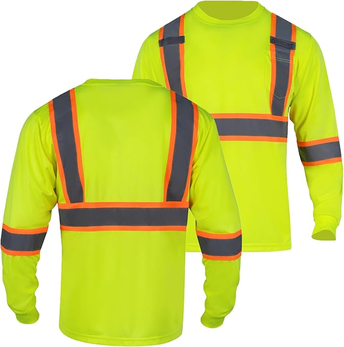 FONIRRA Hi Vis Shirts for Men Reflective ANSI Class 2 Safety Long Sleeve High Visibility Work Construction T Shirts Yellow