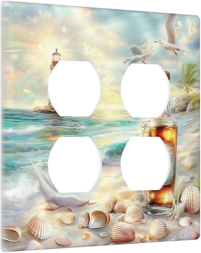 Outlet Covers Beach Ocean Lighthouse Seashells 2 Gang Double Duplex Decorative Light Switch Covers Electrical Wallplates Socket Faceplate For Bed Room Living Room Decor