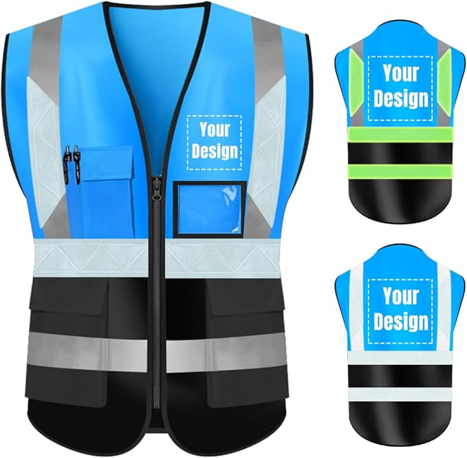 YOWESHOP High Visibility Safety Vest Custom Your Logo Protective Workwear 5 Pockets With Reflective Strips Outdoor Work Vest (3XL, Blue Black Luminous)