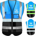 YOWESHOP High Visibility Safety Vest Custom Your Logo Protective Workwear 5 Pockets With Reflective Strips Outdoor Work Vest (3XL, Blue Black Luminous)